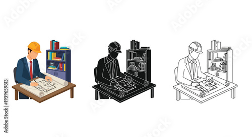 Architect wearing a hardhat reviews detailed building blueprint plans while sitting at his desk