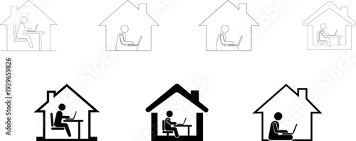 Set of work from home line art icon with people using laptops in house vector silhouette isolated on transparent background