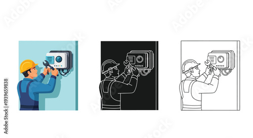 Professional maintenance technician installing or repairing electrical control panel with adjustable wrench vector graphic