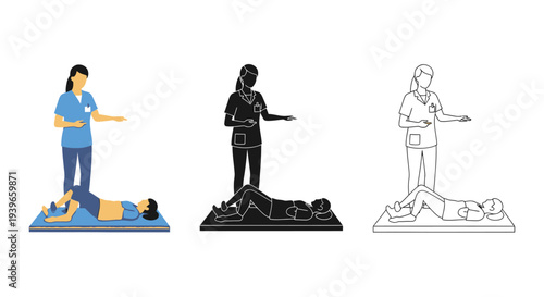 Physical therapist instructing patient performing supine leg lift exercise variation vector graphic illustration set