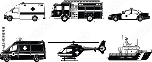 Emergency vehicles illustration, ambulance fire truck police car, medical helicopter Coast Guard ship artwork, public safety transport vector drawing