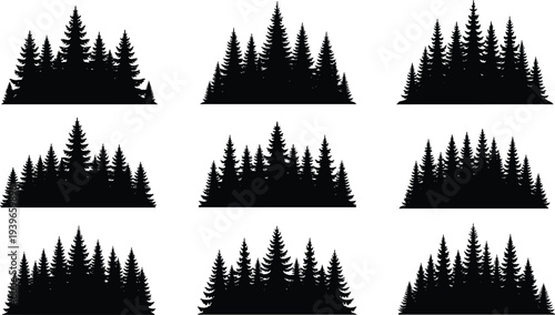 Coniferous tree cluster silhouettes, forest composition artwork, triangular formation design, wilderness nature illustration, outdoor decorative vector, woodland landscape concept drawing