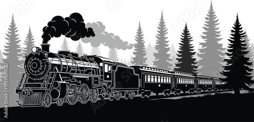 Steam locomotive train illustration, vintage railway artwork, forest travel scene, industrial transportation design, detailed silhouette drawing, historical travel concept