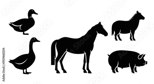Farm Animals Silhouettes Set: Duck, Goose, Horse, and Pig Icons