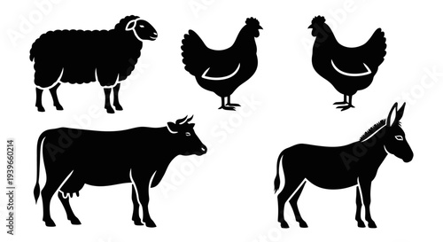 Farm Animals Silhouettes Set: Cow, Sheep, Chicken, Donkey Vector Icons on White Background