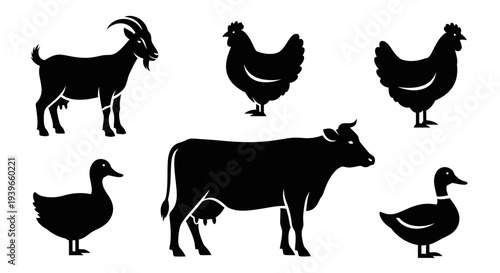 Farm Animals Silhouettes Set: Goat, Cow, Chicken, and Duck Livestock Collection