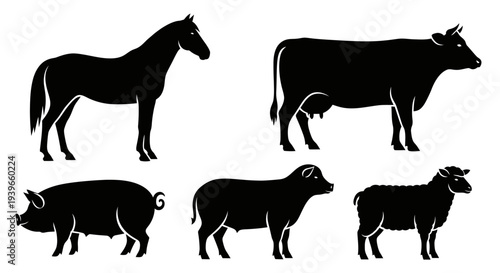 Farm Animals Silhouettes Set: Horse, Cow, Pig, Sheep Icons Collection