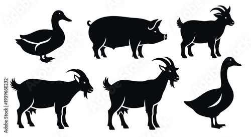 Farm Animals Silhouettes Set: Duck, Pig, Goats, and Goose Vector Icons