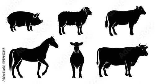 Farm Animals Silhouettes Set: Pig, Sheep, Horse, and Cattle on White Background