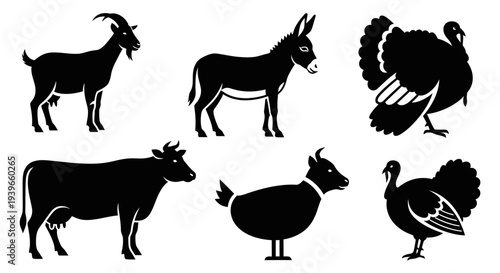 Farm Animals Silhouettes Set. Domestic Livestock and Poultry Icons.