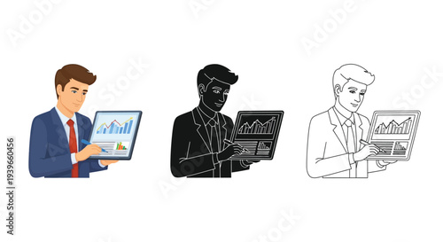 Businessman interacting with a tablet displaying upward trending financial analytics and stock charts