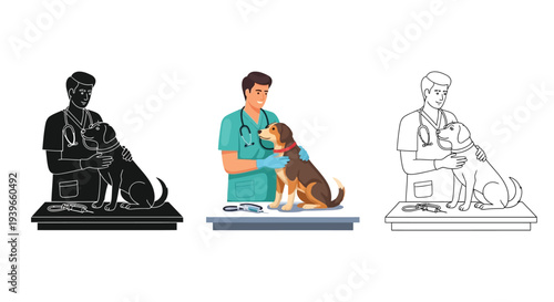 Caring male veterinarian in scrubs gently examines a happy dog on an examination table vector illustration design.