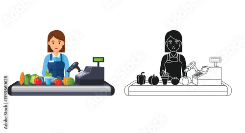 Grocery store cashier vector illustration featuring a checkout counter and fresh produce for purchase