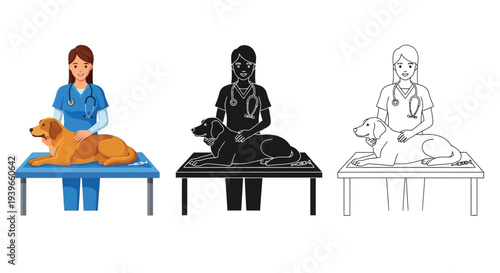 Female veterinarian illustration caring for a dog on examination table with outline and silhouette versions vector graphic.