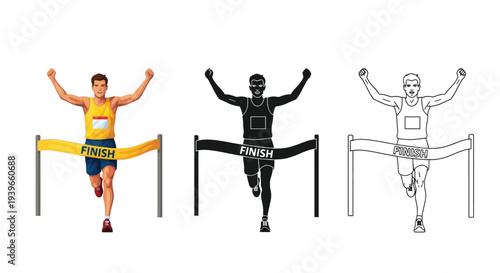 Vector graphic set illustrating a triumphant runner breaking the finish line tape with varying styles