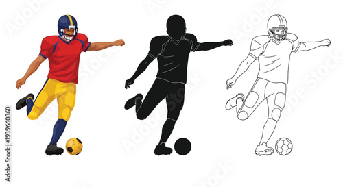 Vector graphic illustration set showing an american football player kicking a ball in three styles