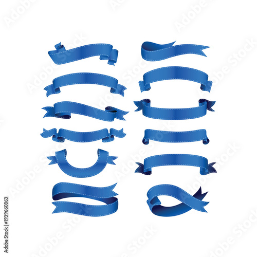Blue Ribbon Set: a collection of elegant, blue ribbons, meticulously designed to add a touch of sophistication to any design project. Perfect for conveying a sense of quality and prestige. 