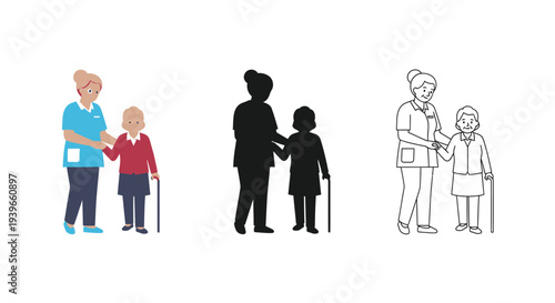 Compassionate female caregiver gently assisting a smiling senior woman walking with a cane vector illustration.