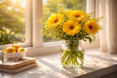 Beautiful yellow flowers in glass vase on sunny window sill