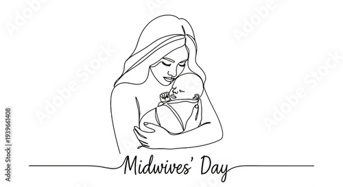 Continuous line drawing of a midwife holding a newborn baby on International Day of Midwives.