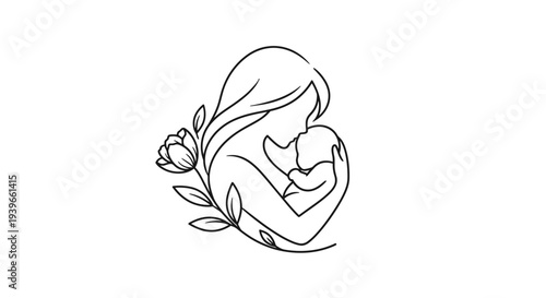 Mother holding baby in her arms with a flower.