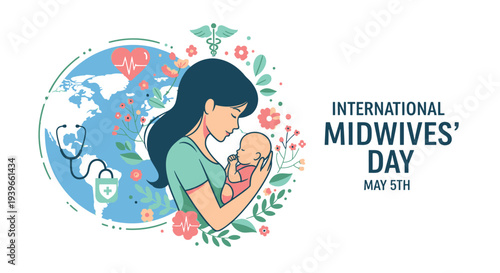 International Midwives Day illustration with mother and baby.