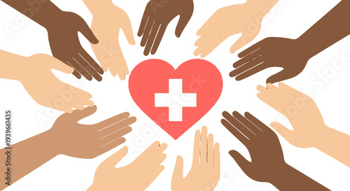 Diverse hands surrounding a red heart with a white cross symbolizing unity and healthcare.