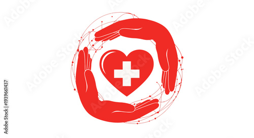 Red heart with cross symbol surrounded by protective hands.