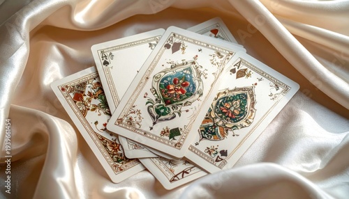Ornate illustrated playing cards with intricate designs arranged on luxurious silk fabric