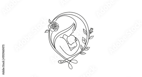 Minimalist Line Art of Mother Holding Baby with Floral Elements.