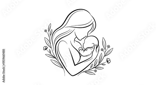 Mother holding baby in a minimalist line art illustration surrounded by leaves.