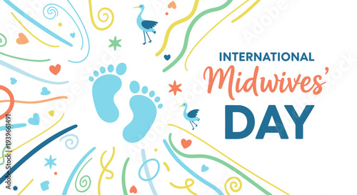 International Midwives Day Celebration with Baby Footprints and Decorative Elements.