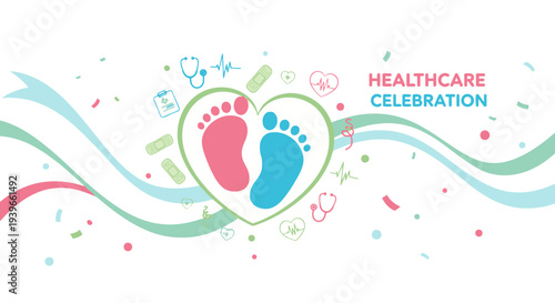 Colorful healthcare celebration design with baby feet in heart shape.