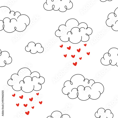 Clouds raining with hearts seamless pattern, background. Simple doodle drawing, cute hand drawn love illustration