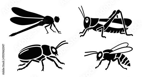 Insect Silhouettes Collection: Dragonfly, Grasshopper, Beetle, and Wasp Icons