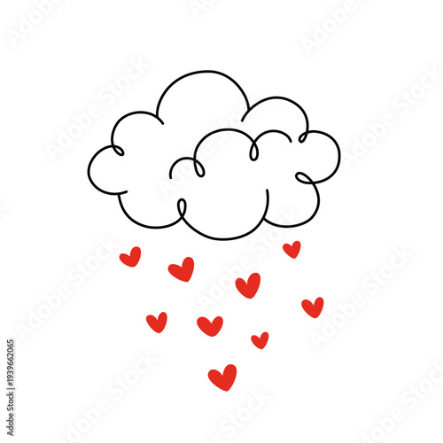 Cloud raining with hearts, simple doodle drawing, cute hand drawn love illustration