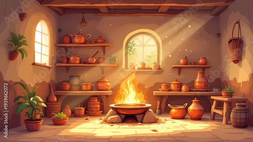 Village Cartoon Background A rustic kitchen interior with a large fire burning in a cauldron surrounded by clay pots and plants