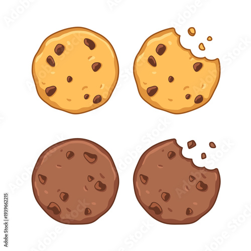 Cookies, biscuits, bitten off chocolate cookies cartoon drawings