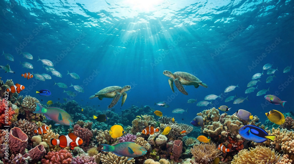 Fototapeta premium Two magnificent sea turtles navigate a breathtaking coral reef, surrounded by countless vibrant fish, bathed in brilliant sunrays from above.
