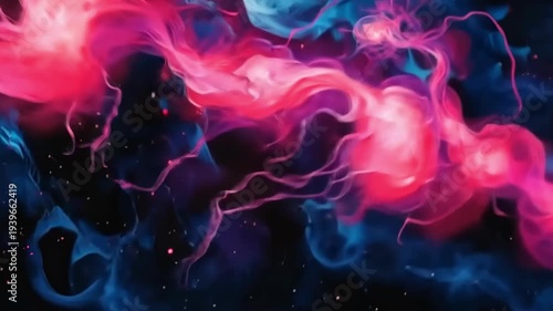 Explore colorful cosmic energy in a vibrant space scene with bright pink and blue elements flowing through the darkness