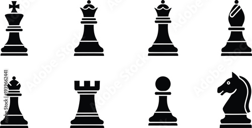 A collection of black chess piece silhouettes including king, queen, bishop, knight, rook, and pawn.