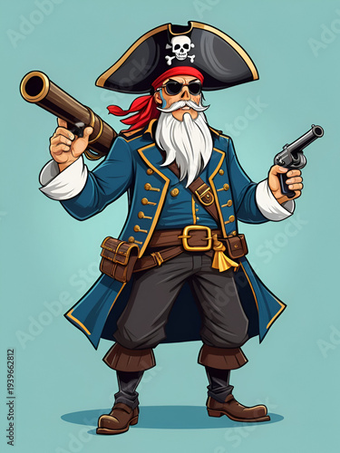 Cartoon pirate gunner or corsair sailor character with cannon, vector man personage. Pirate in corsair tricorne hat with skull, Caribbean adventure sea filibuster or corsair gunner with cannon