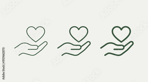 Hand Holding Heart Icon Set, Charity and Love Symbol, Simple Line Art on White Background