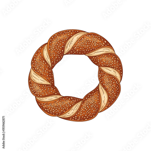 Simit Traditional Turkish Sesame Bread Bagel Flat Vector Illustration Isolated on White.
