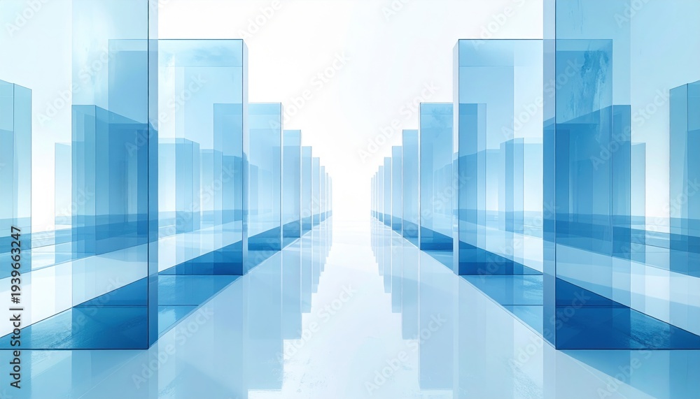 Fototapeta premium Symmetrical Arrangement of Translucent Blue Geometric Structures in a Bright, Clean Setting