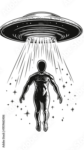 Black and white engraving style vector of human figure abducted by hovering UFO spaceship with beam of light and starry effects in minimalist outline design