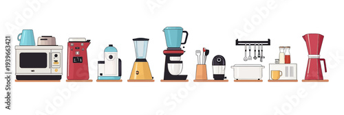 Flat minimalist vector illustration of various colorful kitchen appliances including microwave oven, coffee makers, blender, toaster, kettle, knife set, and cup set on white background