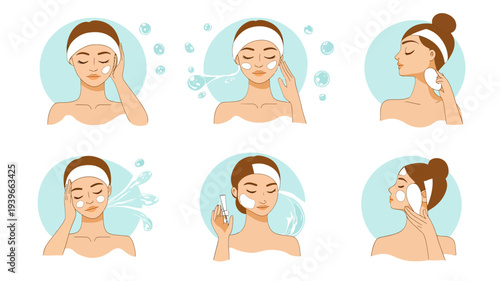 Woman skincare routine facial cleansing moisturizing serum application makeup remover cotton pad beauty care steps vector illustration set