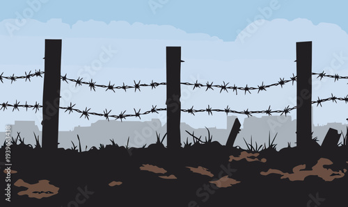 Silhouette of barbed wire fence with wooden stakes and uneven ground against blue sky with clouds minimalist vector trench war theme background