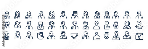 Set of 50 thin line business people icons depicting various office roles and professions in simple outline style vector illustration collection for human resources and corporate use
